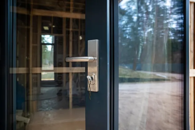 Detail skleněných dveří s nerezovým madlem.